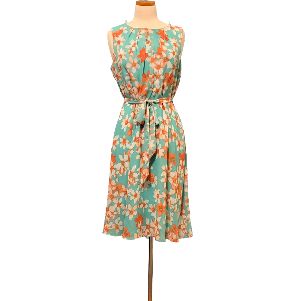 R&K Chiffon Floral Belted Zip Midi Cocktail Dress